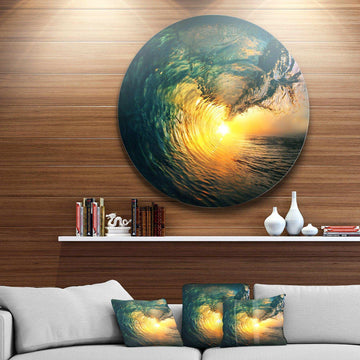 Colored Ocean Waves Falling Down VI - Beach Round Metal Wall Art